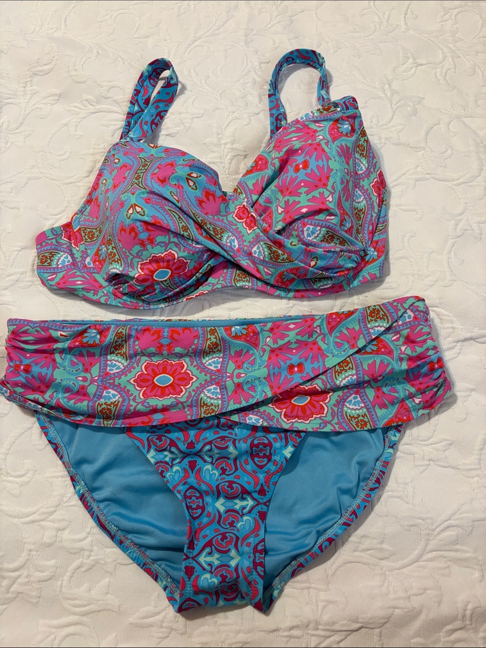 Bleu Rod Beattie Turquoise and Pink Paisley Floral Bikini‎ Set